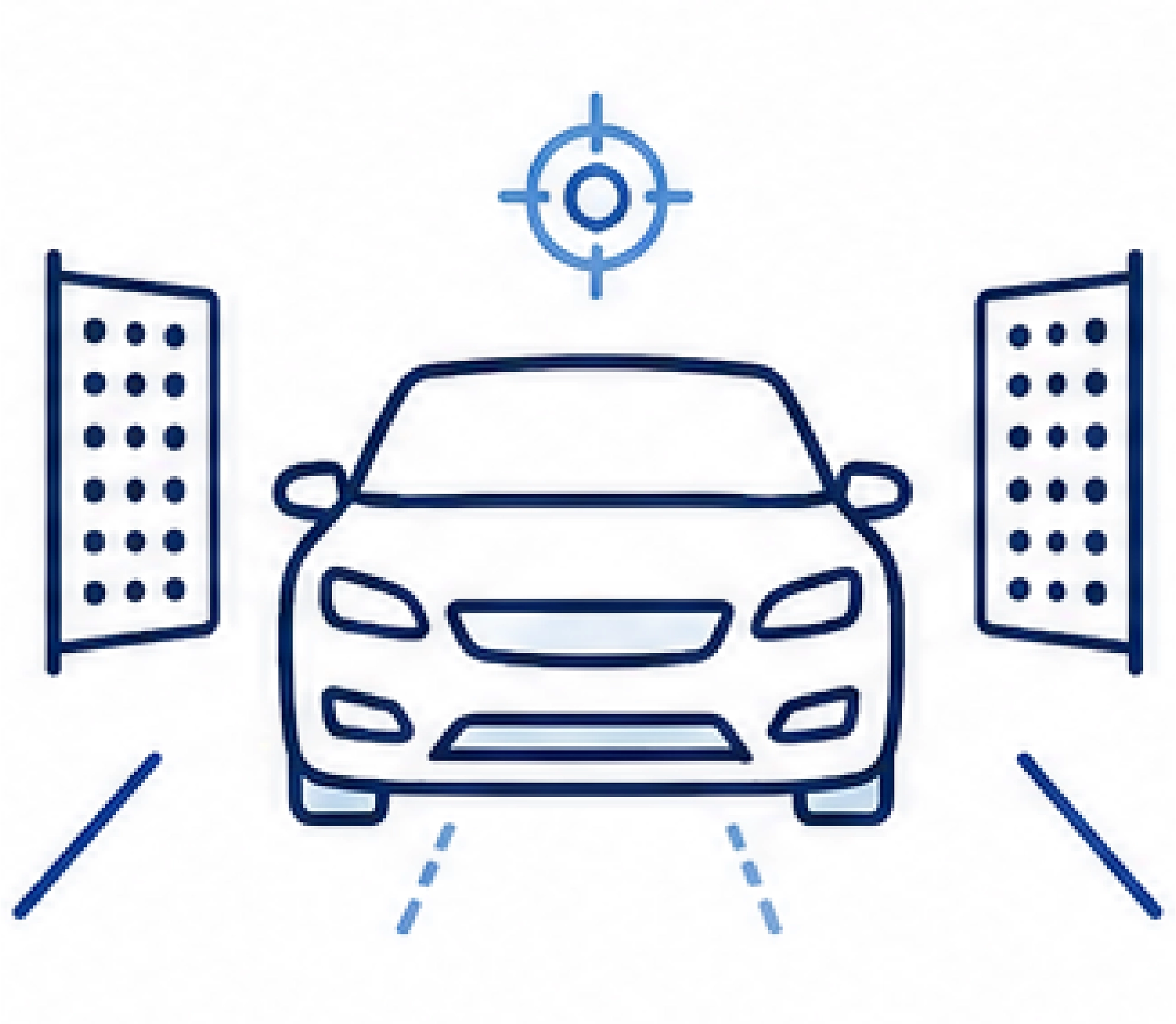 Vorderansicht eines gezeichneten Autos zwischen zwei Wänden mit Zielscheibe über dem Fahrzeug zur ADAS-Kalibrierung.